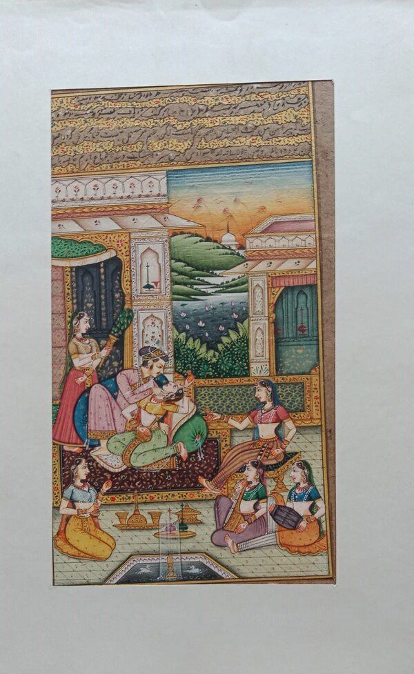 Mughal Grand Harem Garden Pavilion Painting | Handmade Miniature with Musicians